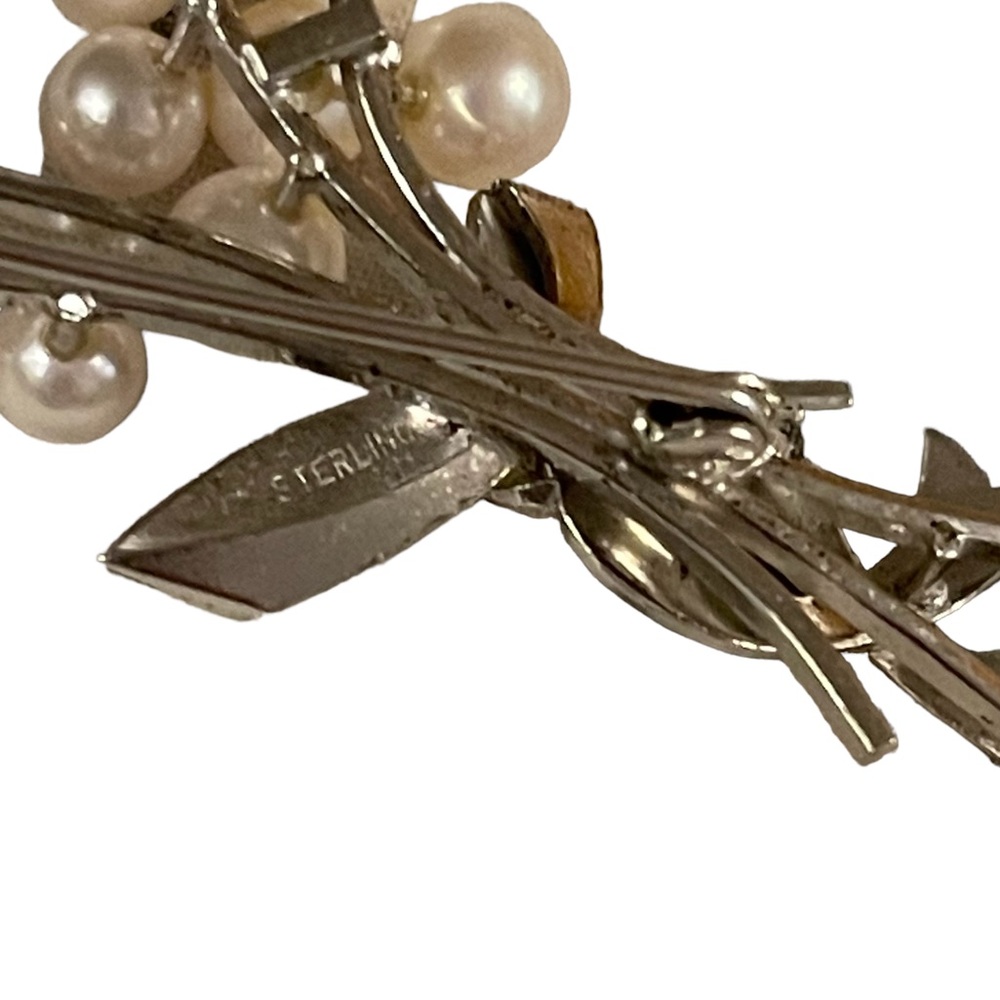 Sterling Silver Vintage Brooch W Genuine Cultured Pearls Floral Spray design - Picture 9 of 10